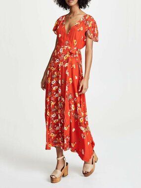 Free People Gorgeous Jess Wrap Red Floral Maxi Dress Small